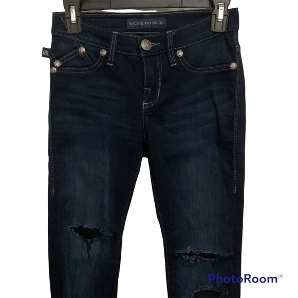 Rock & Republic Kashmiere Dark Wash Custom Distressed Skinny Jeans - Size 0 - Picture 2 of 7